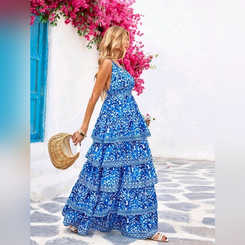New Boho Tribal Batik Print Tiered Ruffle Maxi Dress Blue White